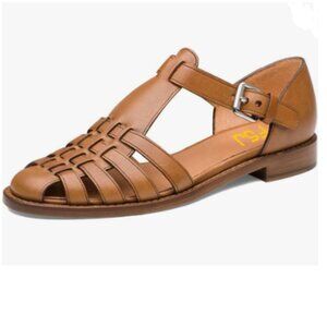 FSJ Camel Closed Toe Low Block Heel Woven Roman Ankle Strap Hollow Caged Sandals